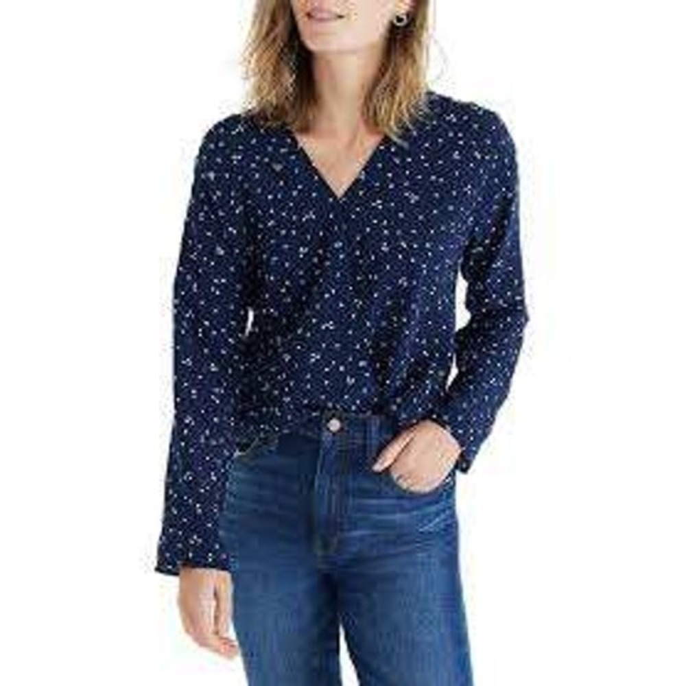 Madewell Womens Navy Blue Stars Silk Surplice Wrap Blouse SMALL Coquette Office